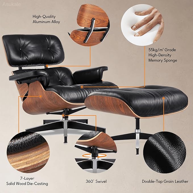 Top Black Grain Leather, Mid Century Chaise Lounge Chair and Ottoman, Accent