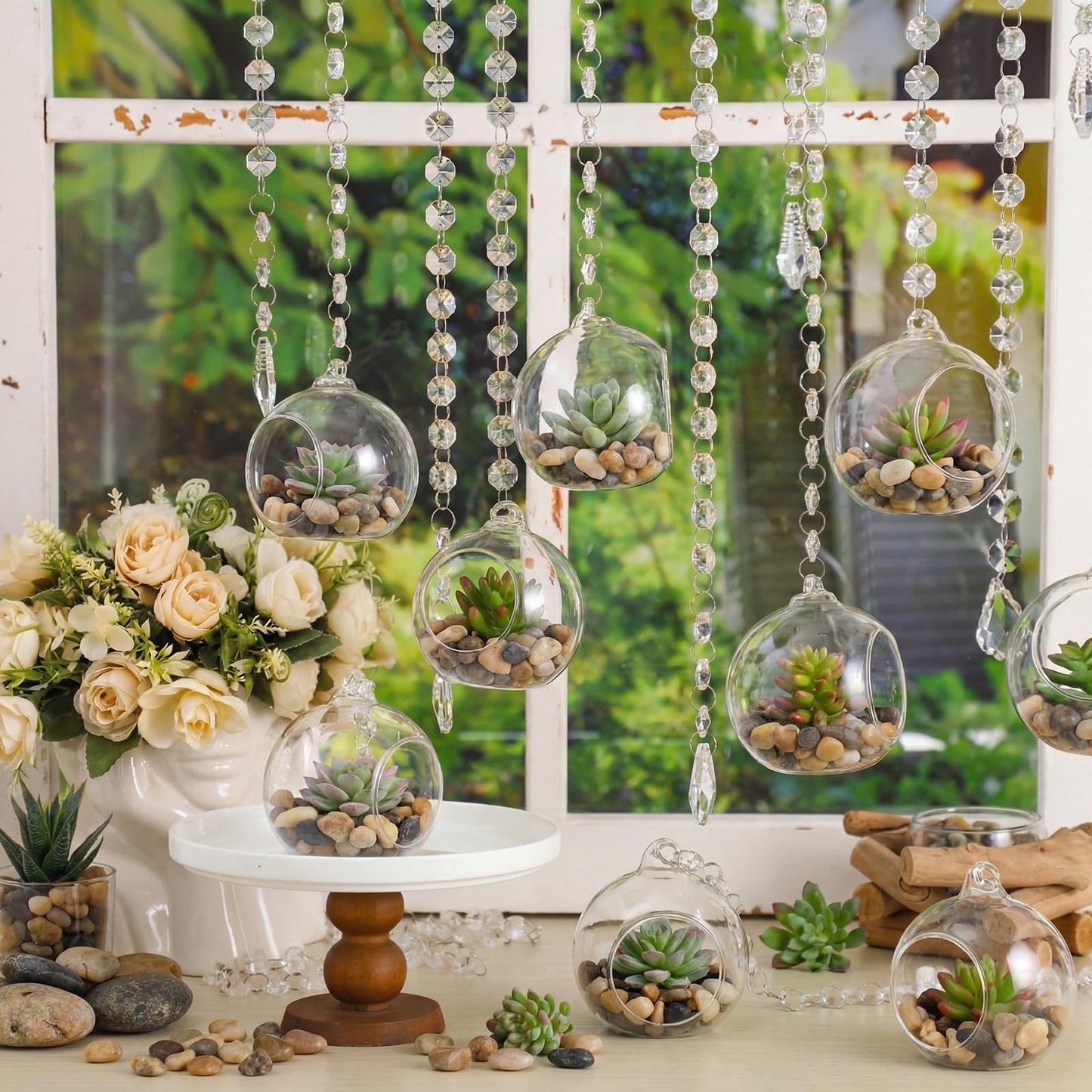 GlikCeil 112 Pcs 3.15'' Hanging Glass Tealight Holder with Clear K9 Crystal Garland Strands and Maple Leaf Pendants Globe Plant Terrariums Glass Orbs for Wedding Party Valentine Decoration