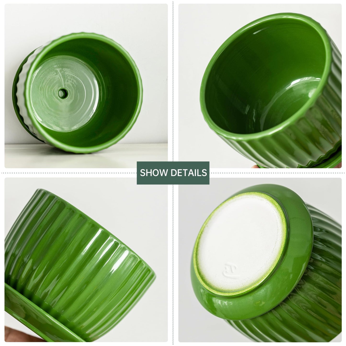 Ton Sin Ceramic Plant Pots,4"+5"+6" Inch,Green Flower Pots with Drainage Holes and Tray,Indoor Planters for Plants Pots,Home Office Decoration GIF for Plants,Succulent Pot Set of 3