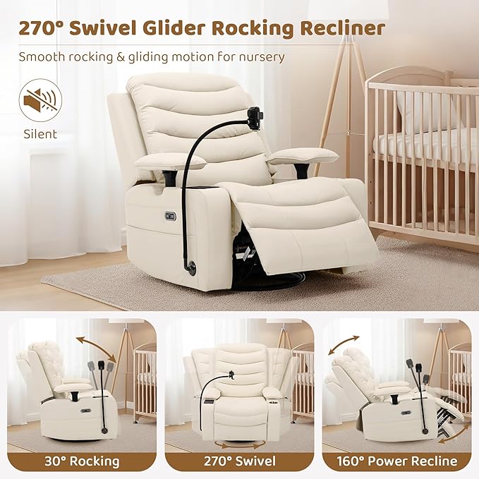 Olela Power Glider Recliner Nursery Chair, Oversized Leather Swivel Rocking