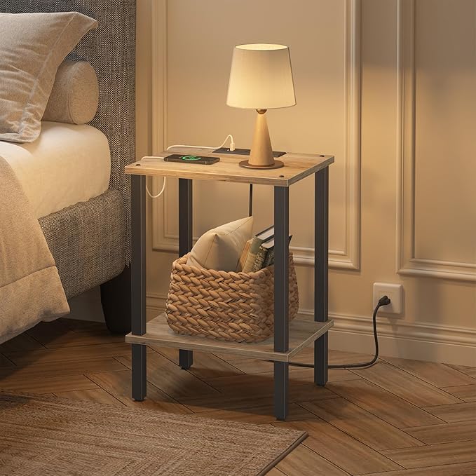 TUTOTAK End Table with Charging Station, Small Side Table, Nightstand Bedside