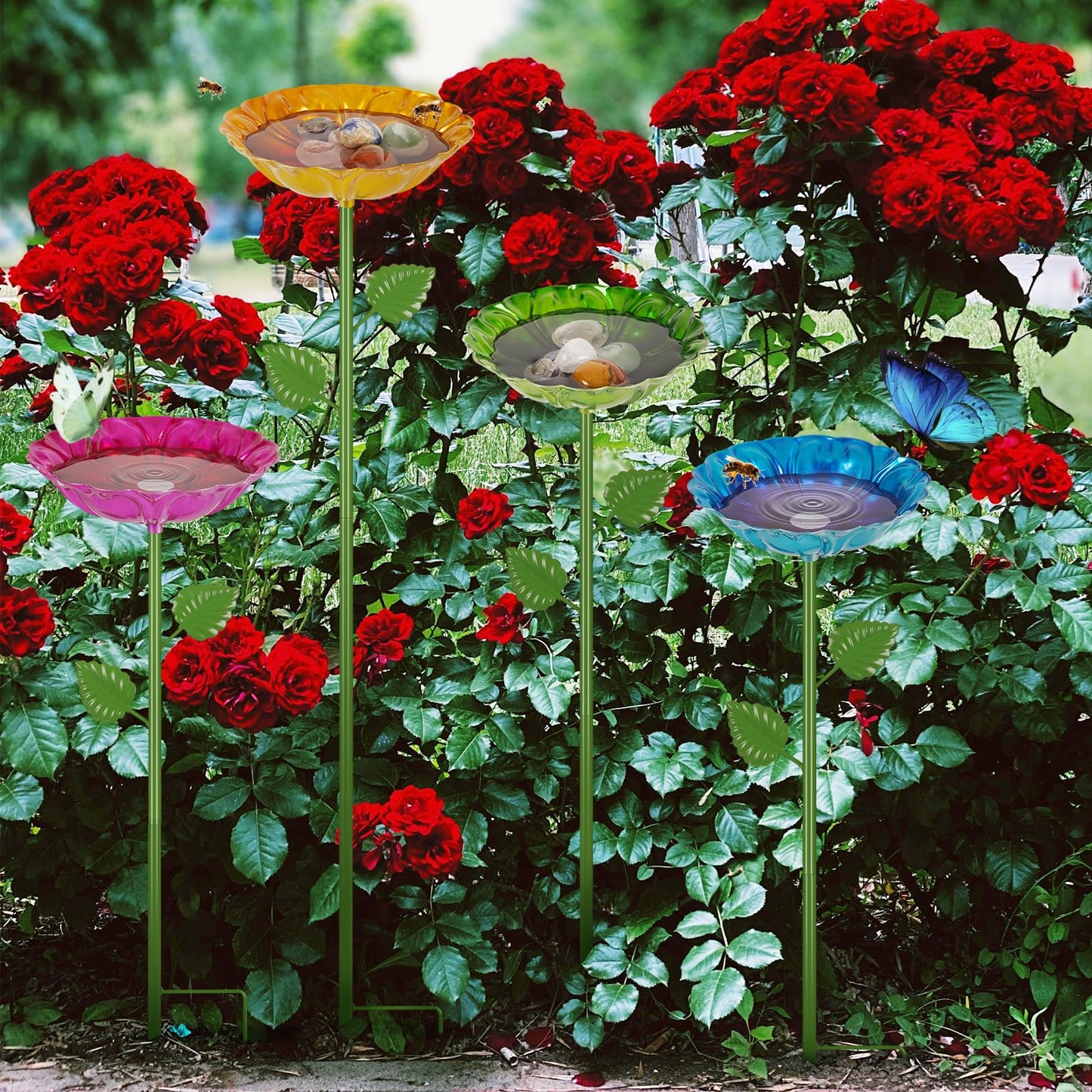 Retyion Bee Watering Station | 2 Pack Bee Baths for Garden | Metal Flowers Decorative Garden Stakes | Butterfly Feeder for Outside Garden Yard Decor (Blue,Yellow)