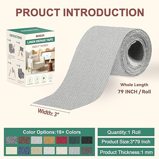 BESEZX Linen Fabric Repair Tape, 3x79 Inch Self Adhesive Repair Patches