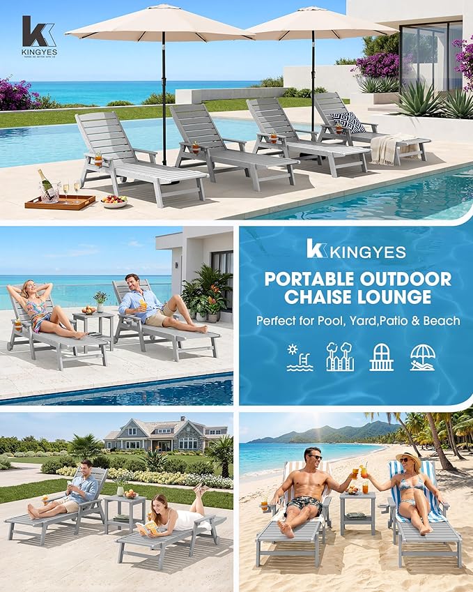 KINGYES HDPE Lounge Chair Outdoor Set of 2, Patio Chaise Lounge Recliner