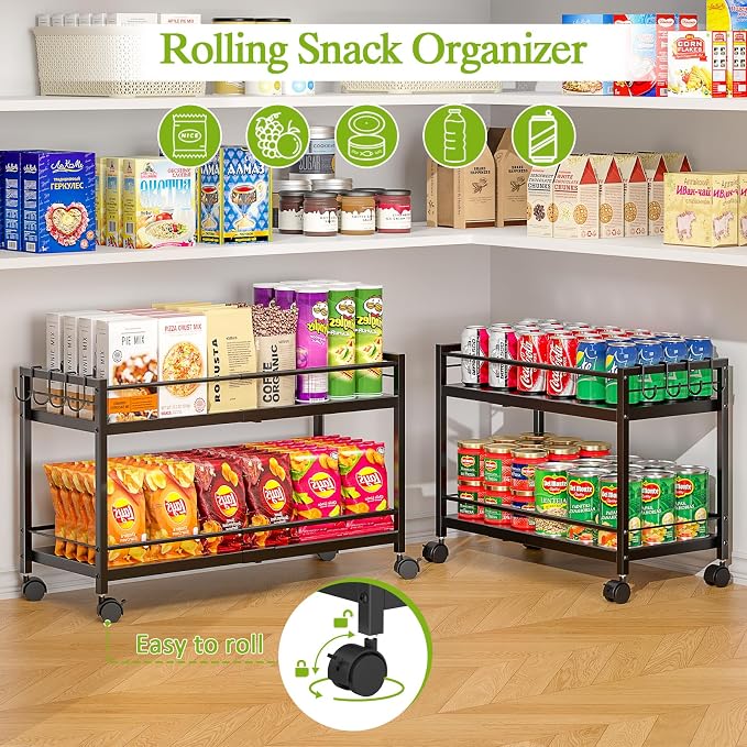 1 Pack 2-Tier Expandable Pantry Floor Organizer Cart, Rolling Pantry Storage Cart with Wheel, Adjustable Can Organizer for Kitchen Pantry, Pantry Shelves and Storage Rack for Snacks, Vegetables, Black
