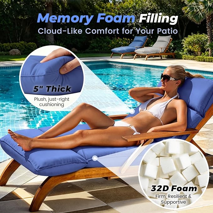 Outdoor Chaise Lounge Chair Cushion, Waterproof Non-Slip Patio Chaise Lounge