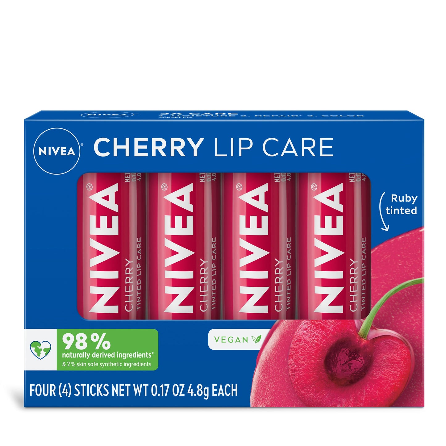 NIVEA Lip Care, Fruity Tinted Lip Balm Variety Pack, Cherry, Strawberry, Blackberry and Watermelon Flavors, 3-in-1 Moisture, Repair and Color, 0.17 Oz Stick, Pack of 4