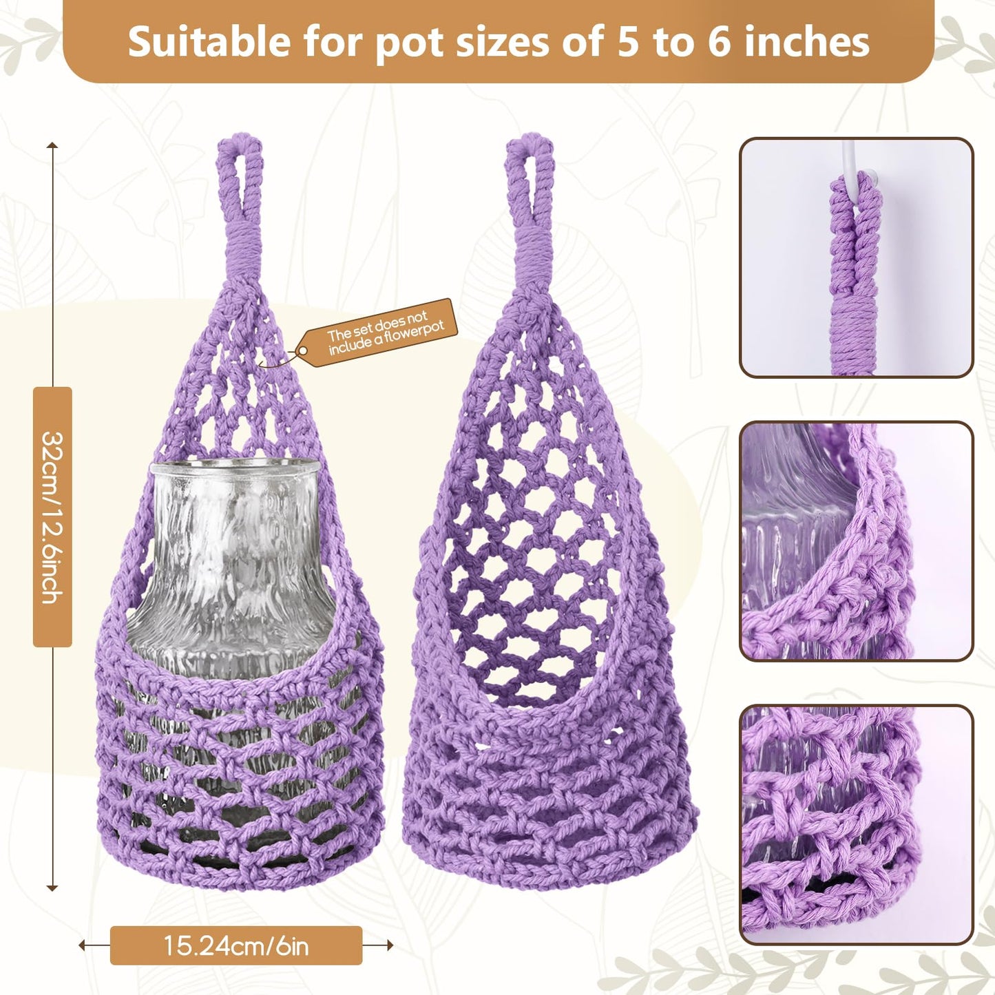 HOREAKHJ Macrame Wall Plant Hanger, Hanging Planter Basket Holder, Wall Planters for Indoor Plants, for Up to 6 Inch Pot (Purple, 6-Inch)