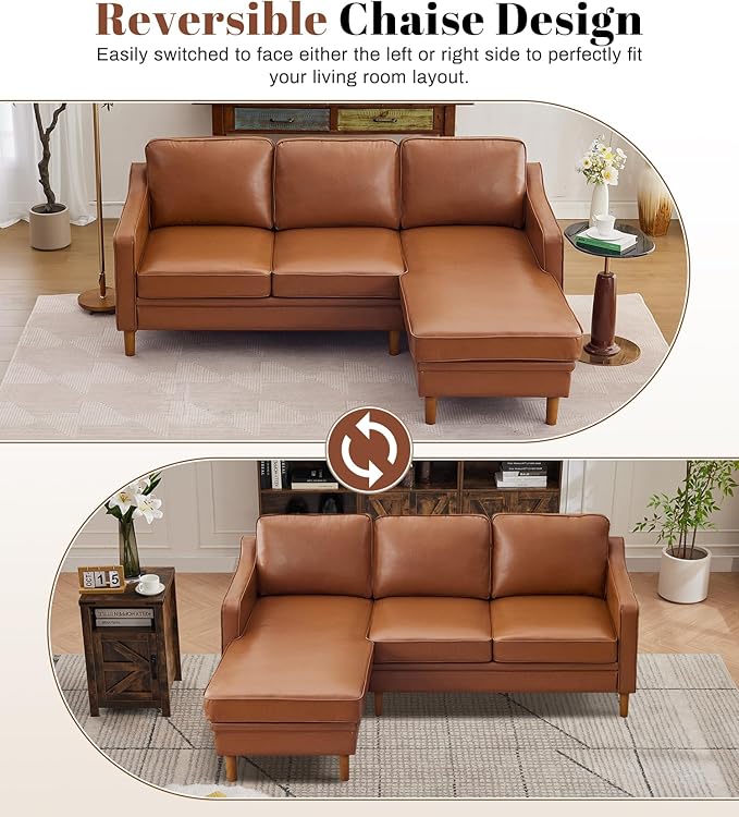 Kingfun 88" L-Shape Sofa, Faux Leather Sectional Couch, Mid Century Modern