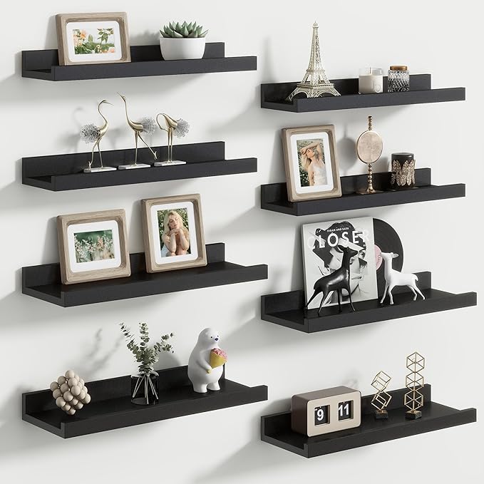 Floating Picture Ledge Shelves Set of 8, 16 Inch Solid Wood Wall Shelves