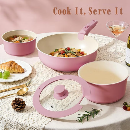 Umite Chef Pots and Pans Set Non Stick, 21 pcs Nonstick Ceramic Cookware Set, RV Kitchen Cooking Set with Detachable Handles, Oven Safe, Induction Cookware, Stackable, Pink, PFAS PFOA & PTFE Free