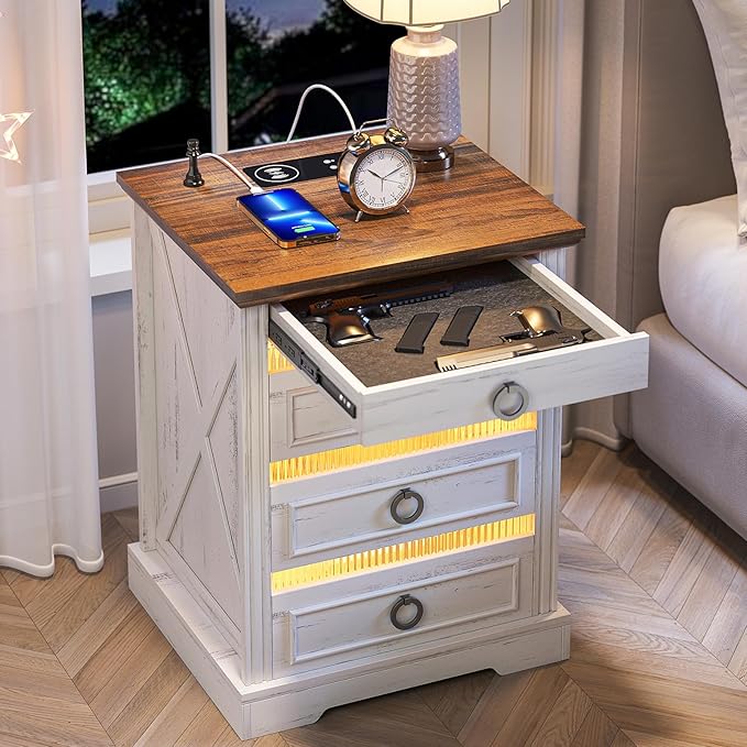 Farmhouse Night Stand with Gun Drawer, Bedside Table with Charger Station