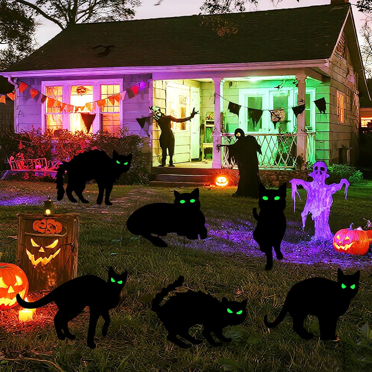 Wlicon 6 PCS Glowing Eyes Black Cat Halloween Yard Signs Halloween Black Cat Decorations Signs with Stakes and Glow-in-The-Dark Eyes Stickers Used for Outdoor Courtyard Lawn Garden Decoration