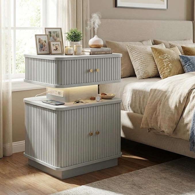 Nightstand with Charging Station, Modern Night Stand with Smart Led Light and 2