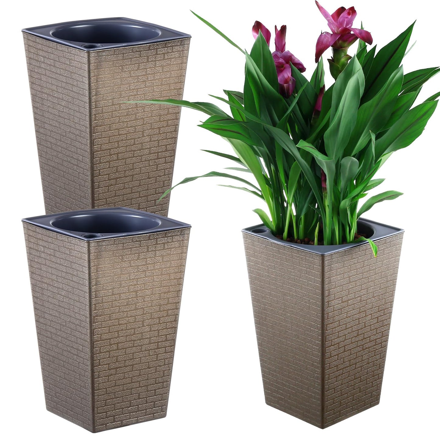 Self Watering Pots for Indoor Plants, 2 Pack Flower Pots Self Watering Planter 10.7" x 6.9" Plastic Pots African Violet Wick and Grow Pots Tall Orchid pots Square Large Plant Pots, Bronze