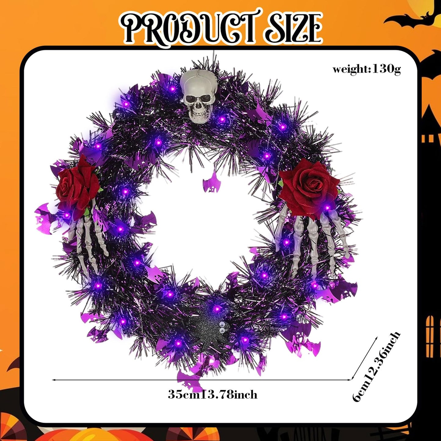 Halloween Wreath for Front Door with Lights,13 Inch Skull Wreath Halloween Decorations for Indoor Window Party Holiday Wall Home Decor (Rose and Skull)