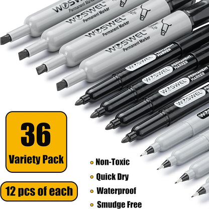 Permanent Markers 36 Variety Pack Bulk,Featuring Ultra-Fine,Chisel Tip,And Fine Tip Marker Set,Writing And Poster Black Markers,Works on Plastic,Wood,Stone,Metal and Glass for Doodling, Marking