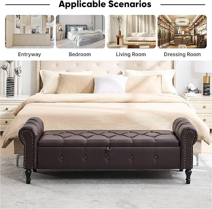 Storage Bench for Bedroom, Faux Leather King Size Bench