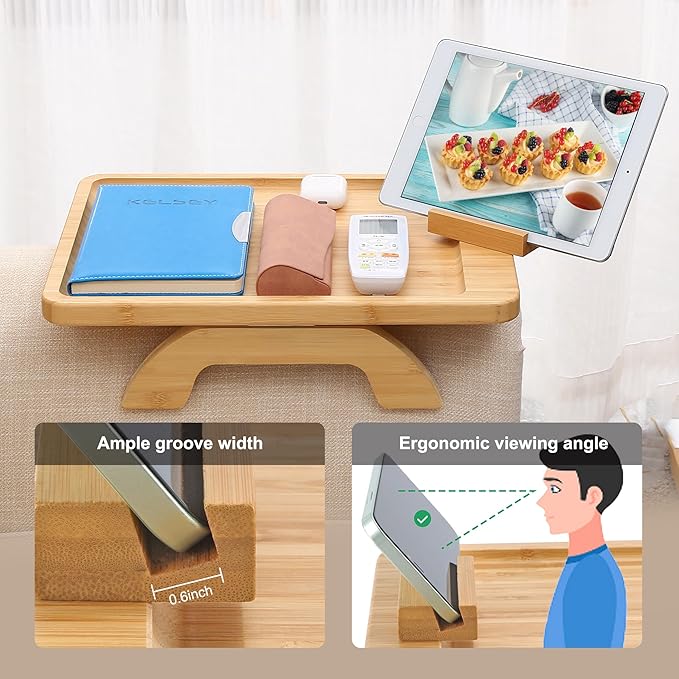 SINWANT Couch Arm Tray Table, Large Bamboo Couch Armrest Table