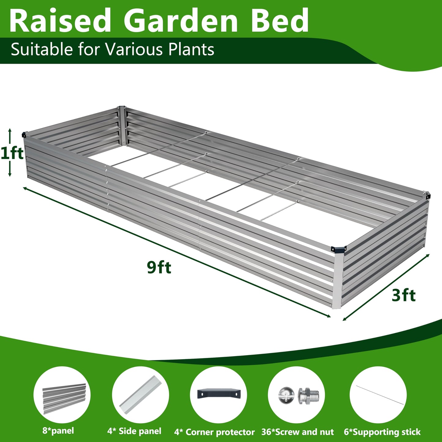 Easllre 2PCS 9x3x1ft Galvanized Raised Garden Bed,Outdoor Planter Box Metal Patio Kit Planting Bed for Vegetables Flowers Herb,Silver