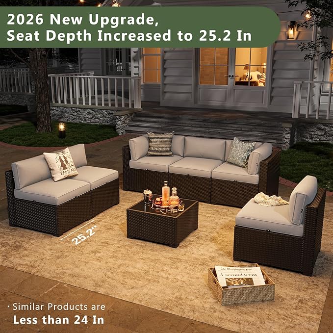 Aoxun 7 Piece Patio Furniture Set, Wicker Rattan Patio Sectional Sofa, Outdoor