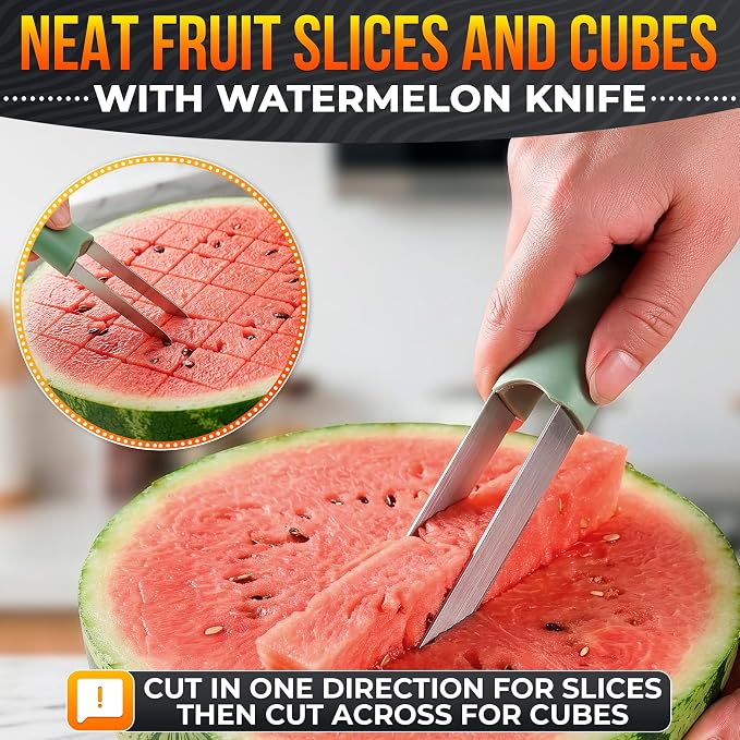 3-in-1 Watermelon Slicer Tool — Stainless Steel Portable, Mess-Free Multi-Use Kitchen Gadget for Summer Picnic, BBQ, Pool Party, Family Hosting, Hostess Gift — Watermelon Cutter Slicer Tool Kit