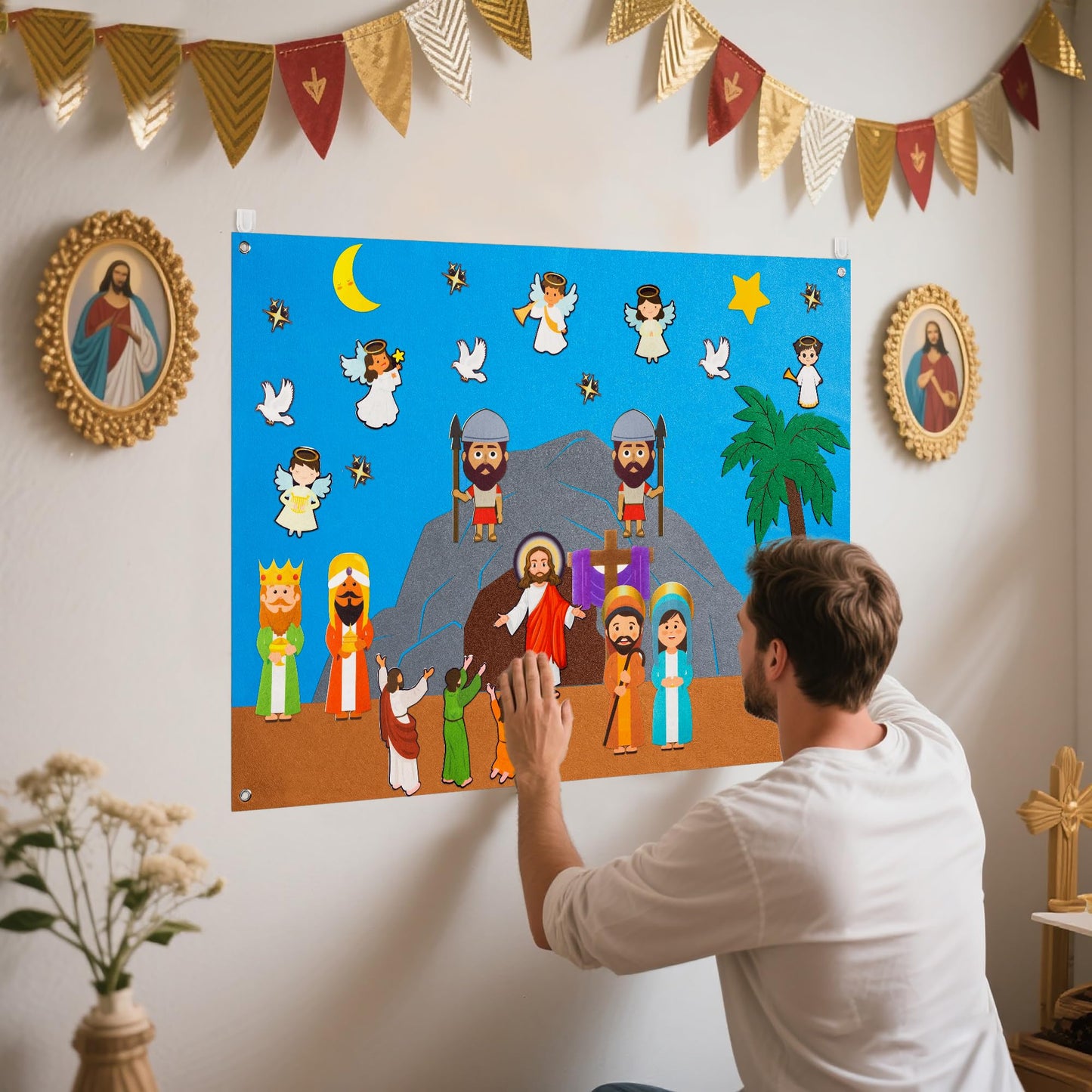 WATINC Easter Crucifixion Resurrection Felt Board - 41Pcs He is Risen of Jesus Board Stories Set, Interactive Religious Flannel, Education Toy