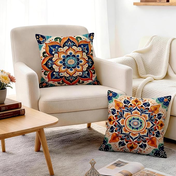 OBSEDE Boho Mandala Throw Pillow Covers Set of 4, 18x18 Inch Blue and Orange