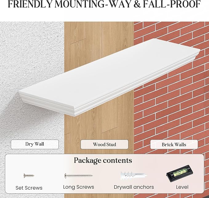 Fun Memories Floating Shelves 48 Inch Long, 9.3 Inch Deep Classic Crown Molding