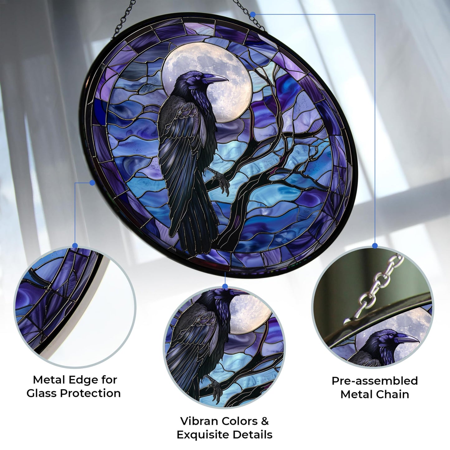 365CUSGIFTS Moon Crow Stained Glass Window Hanging Sun Catcher Halloween Haning Ornament Decoration Christmas Birthday Gifts for Lover and Friends