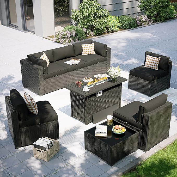 Aoxun Patio Furniture Set with Fire Pit Table, 8 Piece Outdoor Sectional Sofas