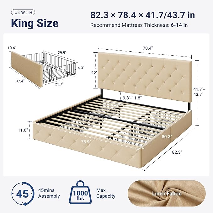 Allewie Upholstered King Size Platform Bed Frame