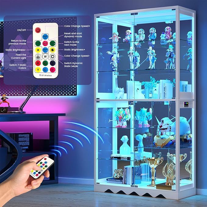 Large Display Cabinet with Glass Doors, 8-Tier RGB Curio Cabinet with Smart