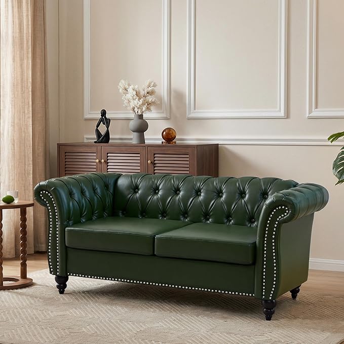 Mid-Century 2 Seater Sofa, Faux Leather Loveseat
