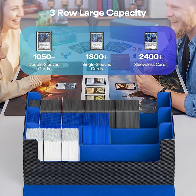 UAONO Trading Card Storage Box, Holds 1800 Sleeved Cards with 10 Dividers & 3 Stoppers, Magnetic Closure PU Leather Card Case for MTG, PTCG, YGO, Sports Cards (Black&Blue)