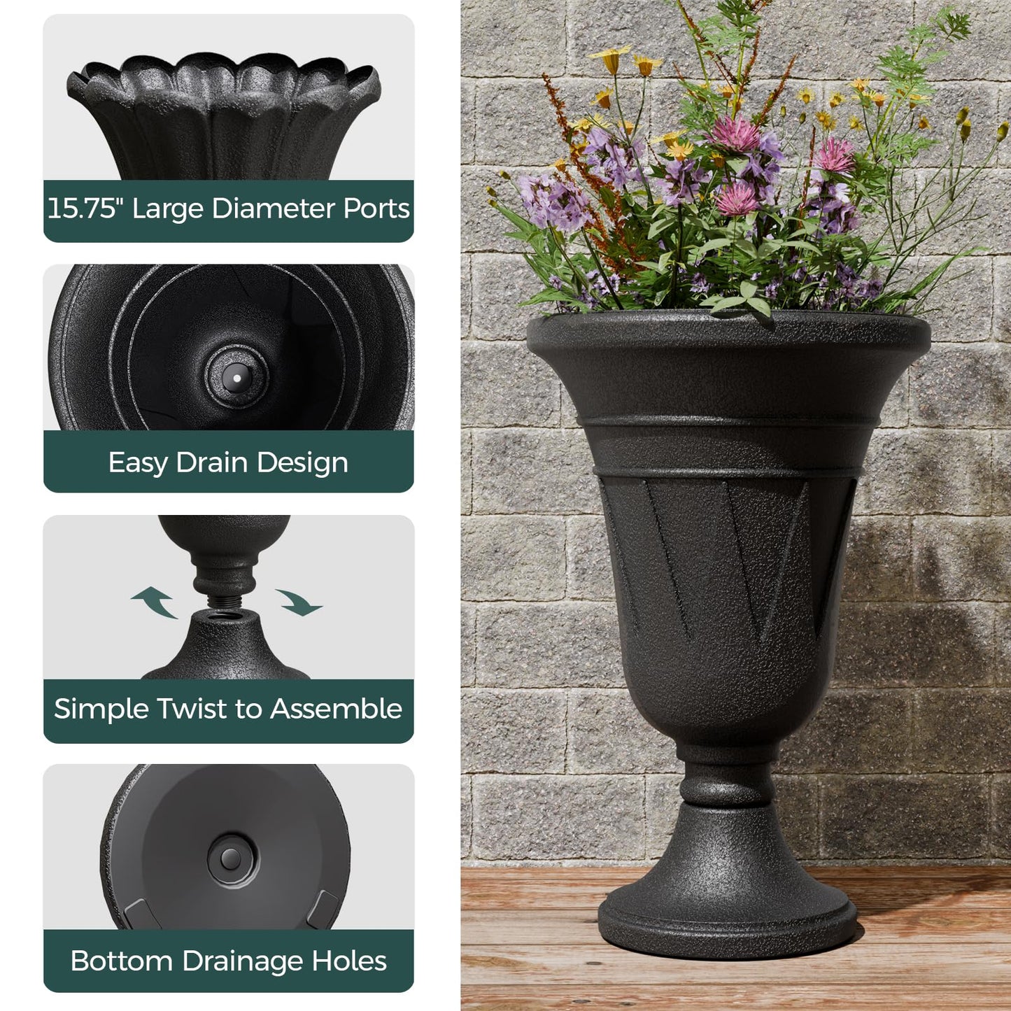Trygoal 23.6" Tall Plastic Urn Planters for Outdoor Plants, Set of 2 Heavy-Duty Classic Indoor Large Flower Pots with Drainage Holes & Trophy Design, Outdoor Planters for Porch, Home Garden, Black