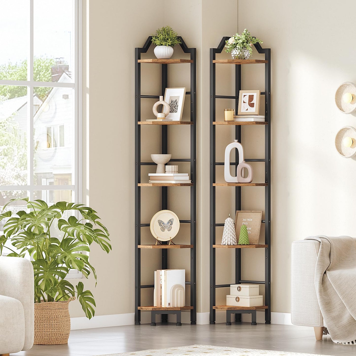 HOOBRO Narrow Corner Shelf Stand, 5-Tier Corner Shelf, 63” Tall Multipurpose Corner Bookshelf, Standing Display Shelf Plant Stand, for Living Room, Study, Kitchen, Rustic Brown and Black BF100CJ01