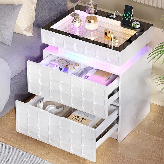 Night Stand with Charging Station and Smart RGB Lights, LED Nightstand with