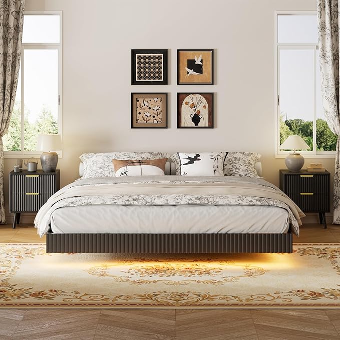 LYNSOM 3 Pieces King Bedroom Set, Floating Bed Frame