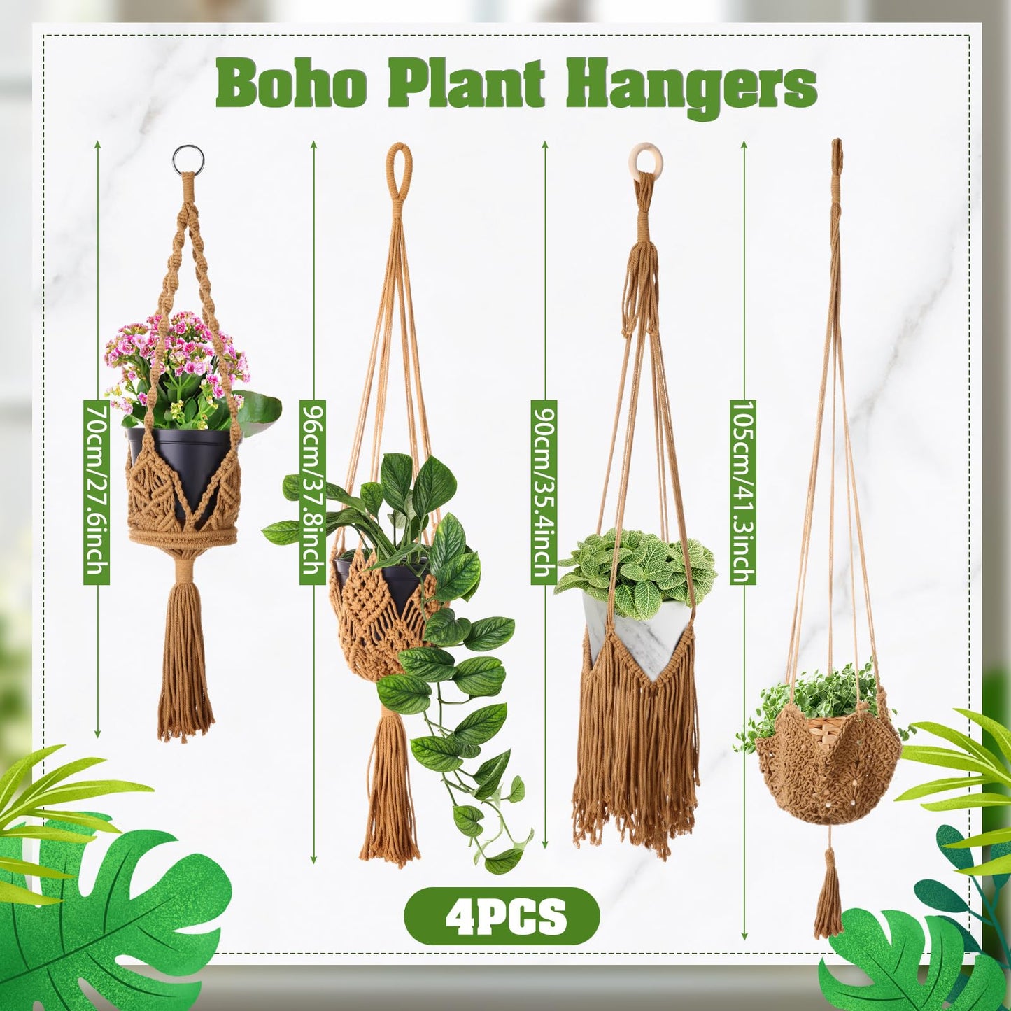 Wovnet 4 Packs Macrame Plant Hangers with Tassels Boho Crochet Hanging Plant Basketball for Indoor Outdoor Plant Hanger with 4 S Shaped Hooks for Home Decor Window Flower Pot(Brown)