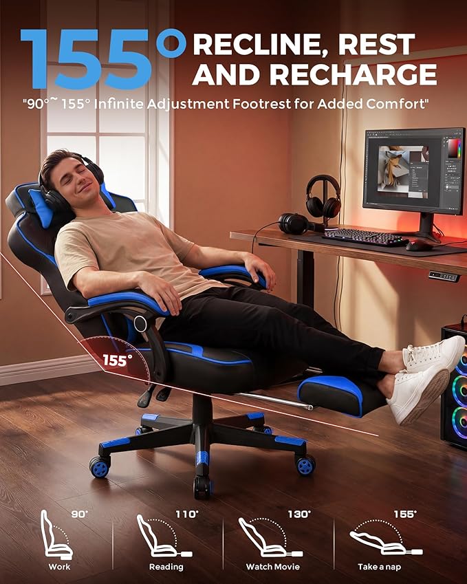 GTPLAYER Gaming Chair with Footrest, Big and Tall Game Chair 350lb Racing Style