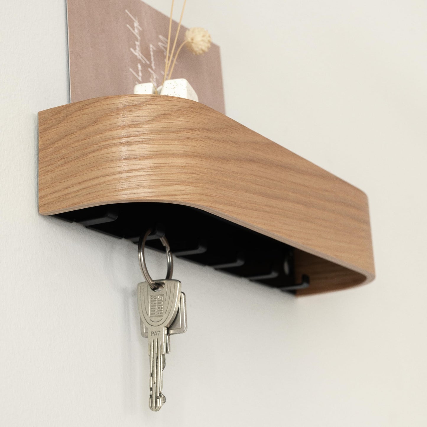 Kazai. Key Holder 'Toke' | Minimalist Key Hook Design from Berlin | Modern Key Holder Wall Mount with Wooden Shelf | Key Rack for Wall as Entryway Organizer | Oak