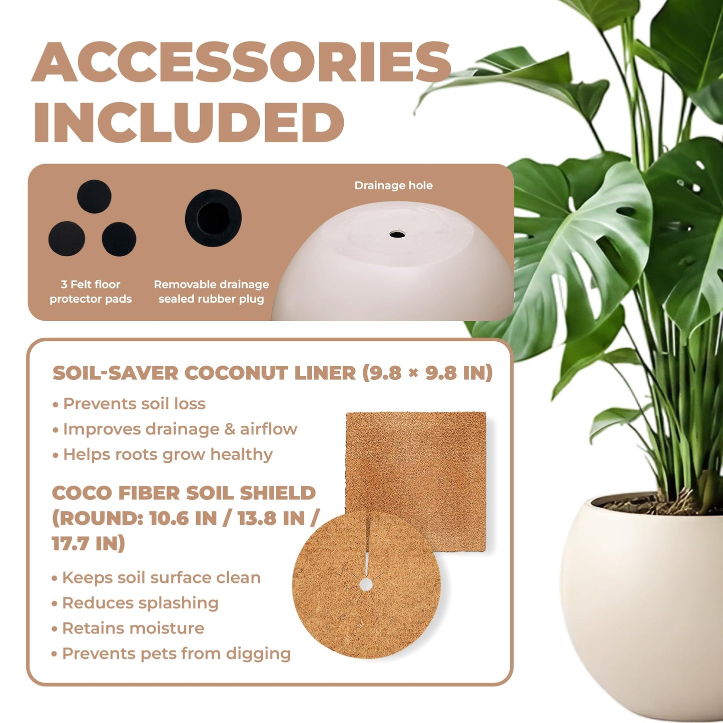 DEPLA LANE Marlo Fiberstone Round Planter (8.5" Pot Opening x 12.6" D x 9.8" H) Smooth Finishes, Lightweight, Durable, UV Resistant, Modern Minimalist Home Decor, Indoor Outdoor Pot (S, Cream White)