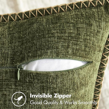 MIULEE Pack of 2 Lumbar Throw Pillow Covers 12x20 Inch Olive Green Farmhouse Decorative Pillow Covers with Stitched Edge Soft Chenille Solid Dyed Pillow Covers for Couch Sofa Bed Living Room