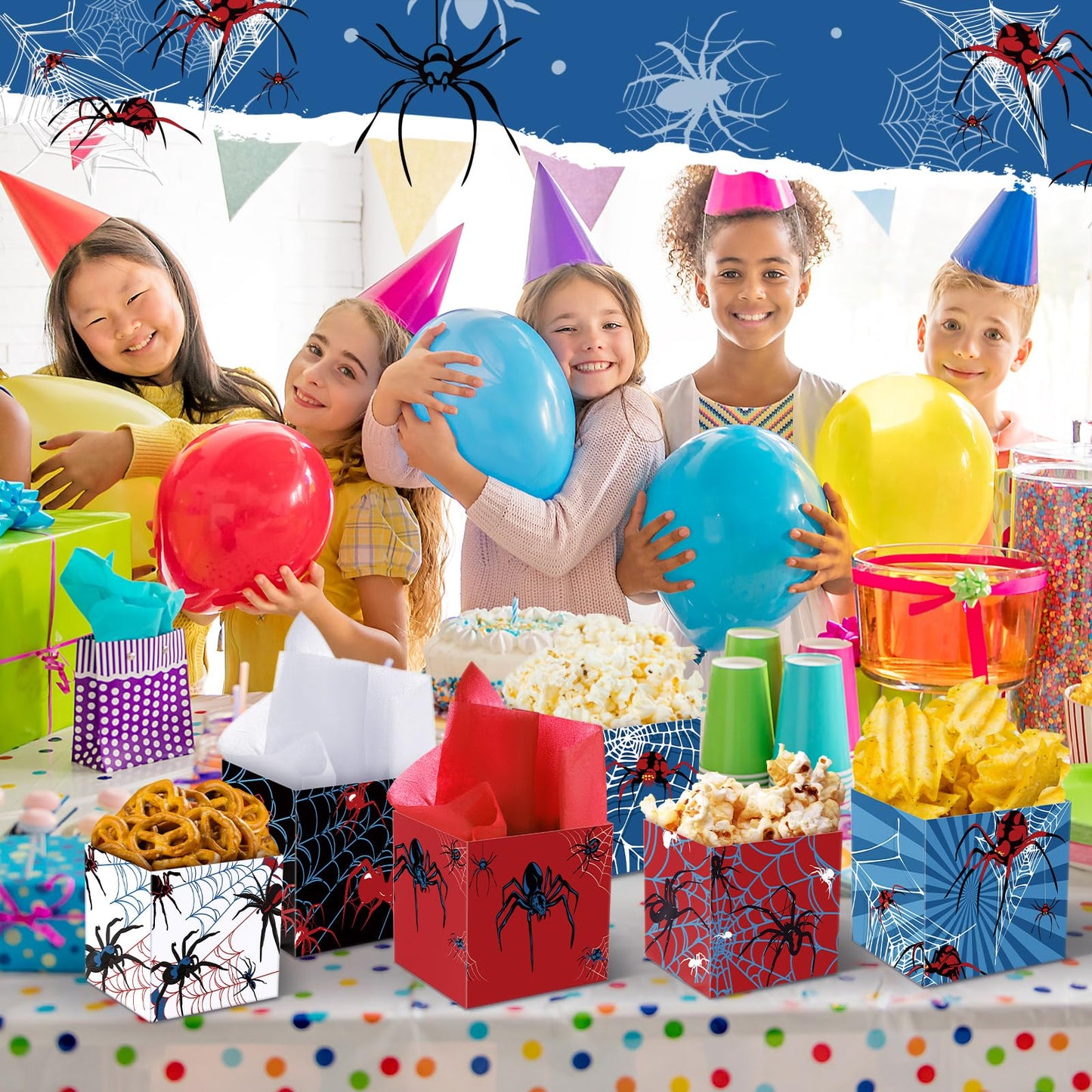 Spiareal 6 Set Spider Birthday Party Decoration Favor PVC Spider Snack Popcorn Bucket Centerpiece for Table Candy Cookie Treat Container with Red White Blue Snow Pear Paper for Birthday Party Supplies