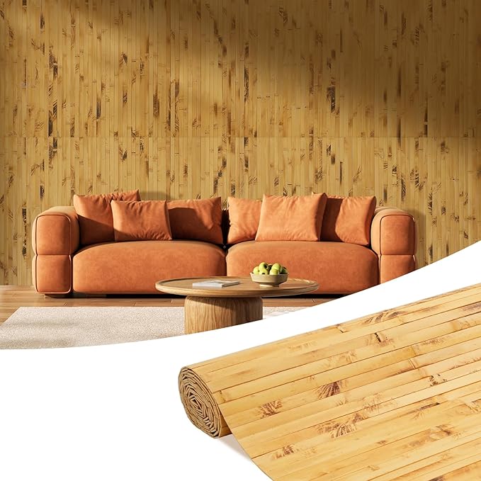 OUZUGIE 1 Pack 96x48 Inch Natural Bamboo Wall Panel – Yellow Burned Pole Wrap