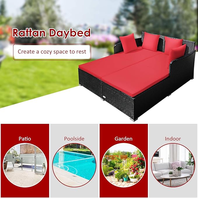 COSTWAY Outdoor Patio Rattan Daybed, Sponge Cushioned Loveseat Sofa