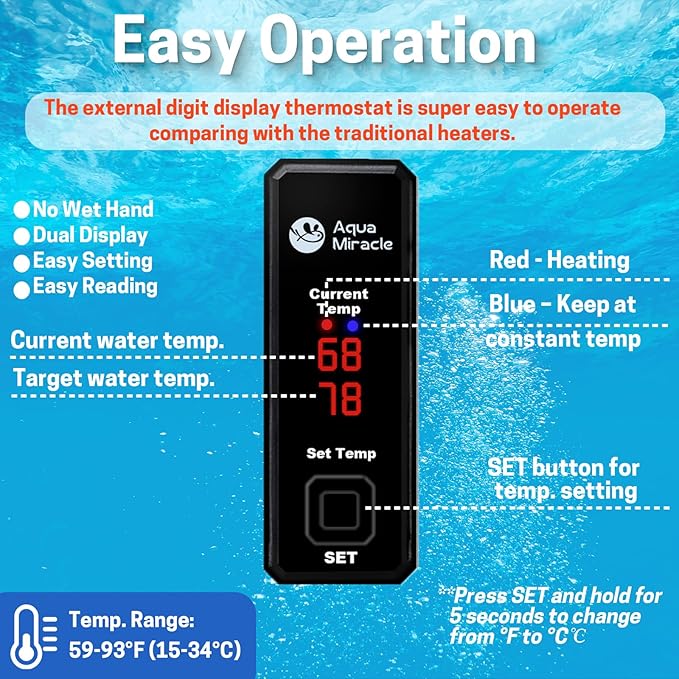 AquaMiracle Upgraded 50W Small Aquarium Heater Fish Tank Heater Turtle Heater Super Mini Aquarium Heater, Dry-Run/Overheating Protection and Memory Function, Dual LED Display, for 5-10 Gal Tanks