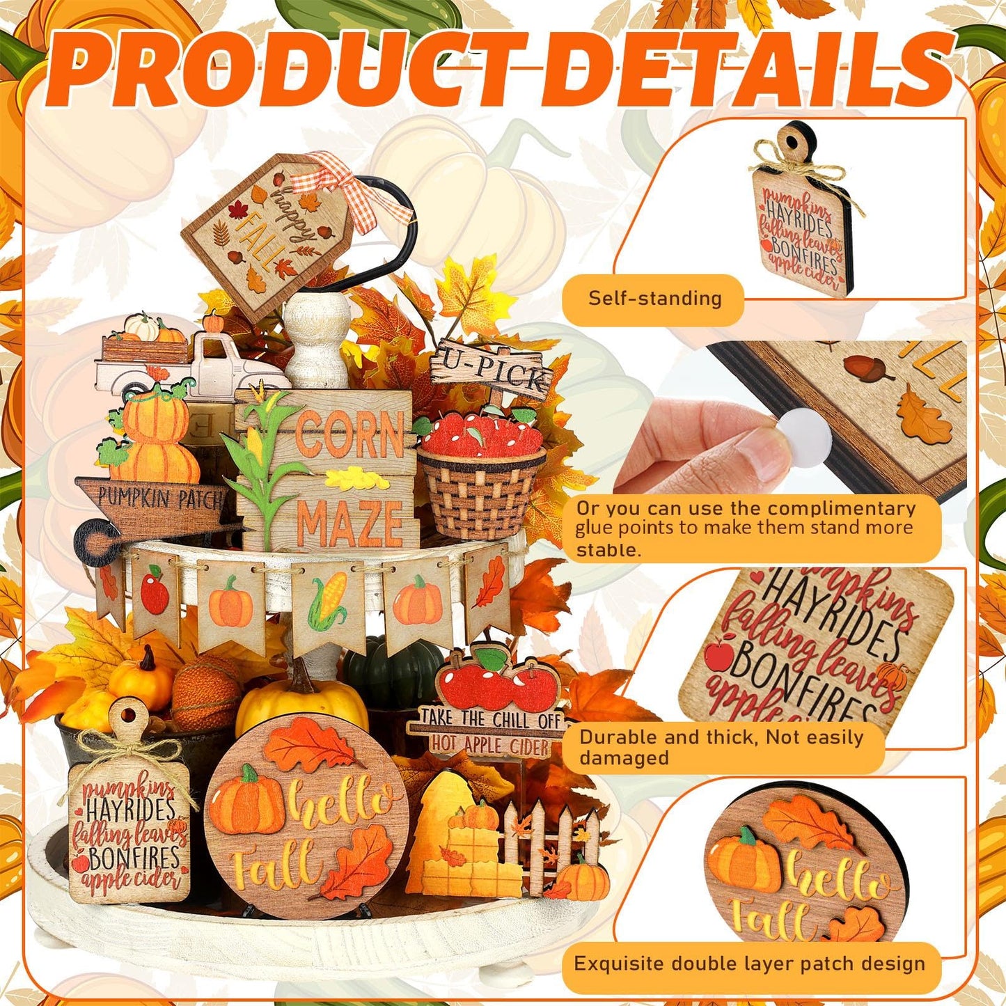 BBTO Set of 15 Fall Tiered Tray Decor Pumpkins Farmhouse Decor Autumn Maple Leaf Thanksgiving Table Centerpieces Harvest Wood Blocks Signs for Home(Harvest Style)