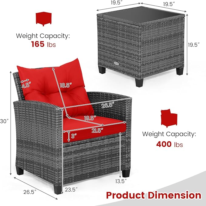 HAPPYGRILL 3 Pieces Patio Conversation Set, Outdoor Furniture Set PE Rattan